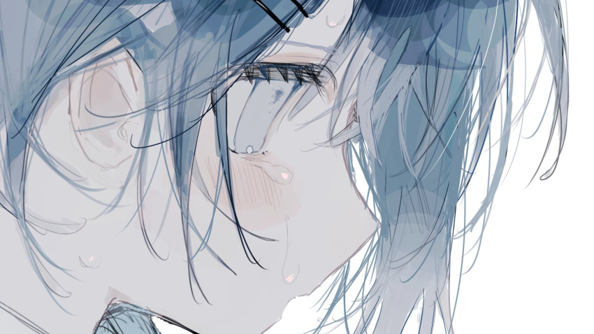 1girl blue_eyes blue_hair blush close-up copyright_request crying crying_with_eyes_open empty_eyes from_side hair_ornament hairclip kanba_nasu profile simple_background solo tears white_background
