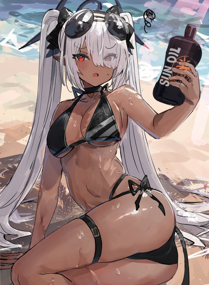 1girl absurdres alternate_breast_size arm_support ass aviator_sunglasses bare_arms beach bikini black_bikini blue_archive bottle breasts cleavage commentary_request dark-skinned_female dark_skin day eyes_visible_through_hair eyewear_on_head hair_over_one_eye highres holding holding_bottle iori_(blue_archive) iori_(swimsuit)_(blue_archive) large_breasts long_hair looking_at_viewer lotion lounging lying ocean on_side open_mouth outdoors pointy_ears red_eyes sand side-tie_bikini_bottom sidelocks sketch solo squiggle stomach sunglasses sunlight sunscreen sweat swept_bangs swimsuit the_olphy thigh_strap thighs twintails very_long_hair water white_hair