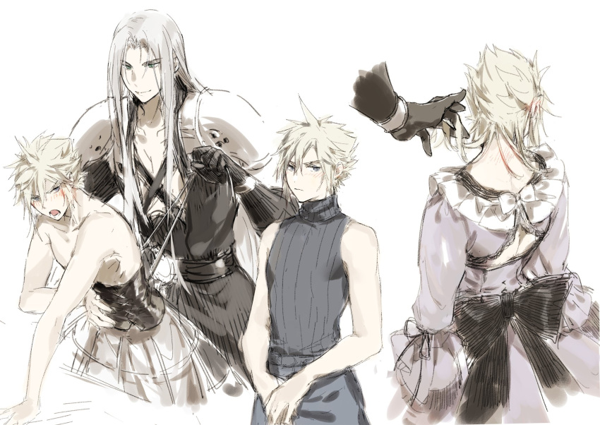 2boys angry armor back_bow bare_shoulders belt black_bow black_coat black_gloves black_ribbon blonde_hair blue_eyes blush bow bracer bustle cloud_strife coat corset crossdressing dress final_fantasy final_fantasy_vii frilled_dress frills gloves grey_hair high_collar highres long_bangs long_coat long_hair long_sleeves lydiaaa male_focus multiple_belts multiple_boys neck_blush open_clothes open_coat pants parted_bangs pauldrons puffy_dress puffy_long_sleeves puffy_sleeves purple_dress ribbon sephiroth short_hair shoulder_armor sleeveless sleeveless_turtleneck smirk turtleneck white_bow