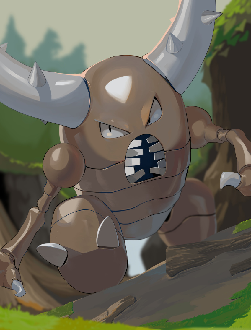 absurdres black_eyes claws commentary_request day grass highres horns no_humans open_mouth outdoors partial_commentary pinsir pokemon pokemon_(creature) solo standing teeth yunimaru