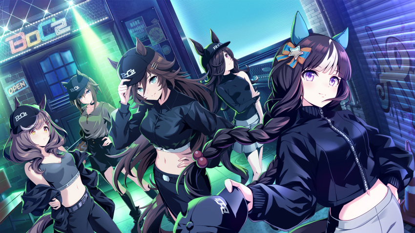 5girls animal_ears april_fools black_hair blunt_bangs braid breasts brown_hair cheval_grand_(umamusume) hair_ornament hair_over_one_eye hat highres hokko_tarumae_(umamusume) horse_ears horse_girl horse_tail jacket long_hair looking_at_viewer matikane_tannhauser_(umamusume) medium_breasts medium_hair midriff mr._c.b._(umamusume) multiple_girls official_art ribbon rice_shower_(umamusume) smile tail trait_connection twin_braids umamusume