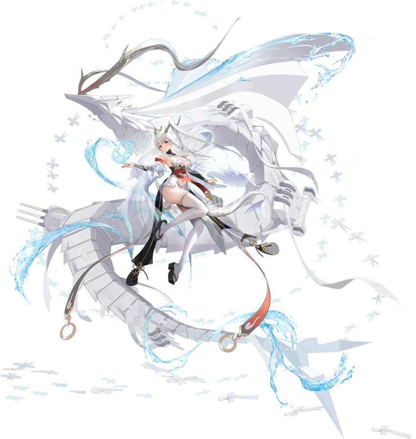 1girl absurdres armpits azur_lane bare_shoulders black_footwear breasts cannon center_opening clothing_cutout detached_sleeves dragon dragon_girl dragon_horns dragon_tail dress floating_hair full_body hair_on_horn highres horns japanese_clothes kimono large_breasts leg_up long_hair long_sleeves machinery magic mimoza_(96mimo414) navel non-web_source official_art outstretched_arm parted_lips red_eyes revealing_clothes rigging sandals shikigami shimanto_(azur_lane) sideboob solo tail thighhighs thighs turret very_long_hair water white_dress white_hair white_thighhighs wide_sleeves world_of_warships