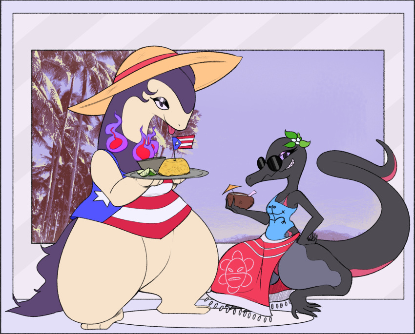 backtrekwatch barely_visible_breasts breasts clothing dress duo eyewear female fire flower generation_7_pokemon hat headgear headwear hi_res hisuian_form hisuian_typhlosion mammal mustelid musteline nintendo plant pokemon pokemon_(species) puerto_rican_flag puerto_rico regional_form_(pokemon) reptile salazzle scalie size_difference sun_hat sundress sunglasses tongue tongue_out tree