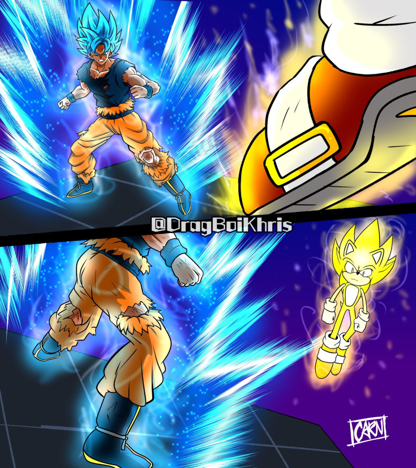 2boys animal_ears animal_nose battle blonde_hair blue_eyes blue_hair boots closed_mouth dougi dragon_ball dragon_ball_super dragon_ball_z fighting furry furry_male gloves hedgehog highres kad_productions kaiouken male_focus multiple_boys muscular muscular_male pants red_eyes red_footwear saiyan shoes short_hair son_goku sonic_(series) sonic_adventure sonic_adventure_2 sonic_frontiers sonic_the_hedgehog sonic_world_adventure sonic_x spiked_hair super_saiyan super_saiyan_blue super_sonic tail white_gloves wristband yellow_fur