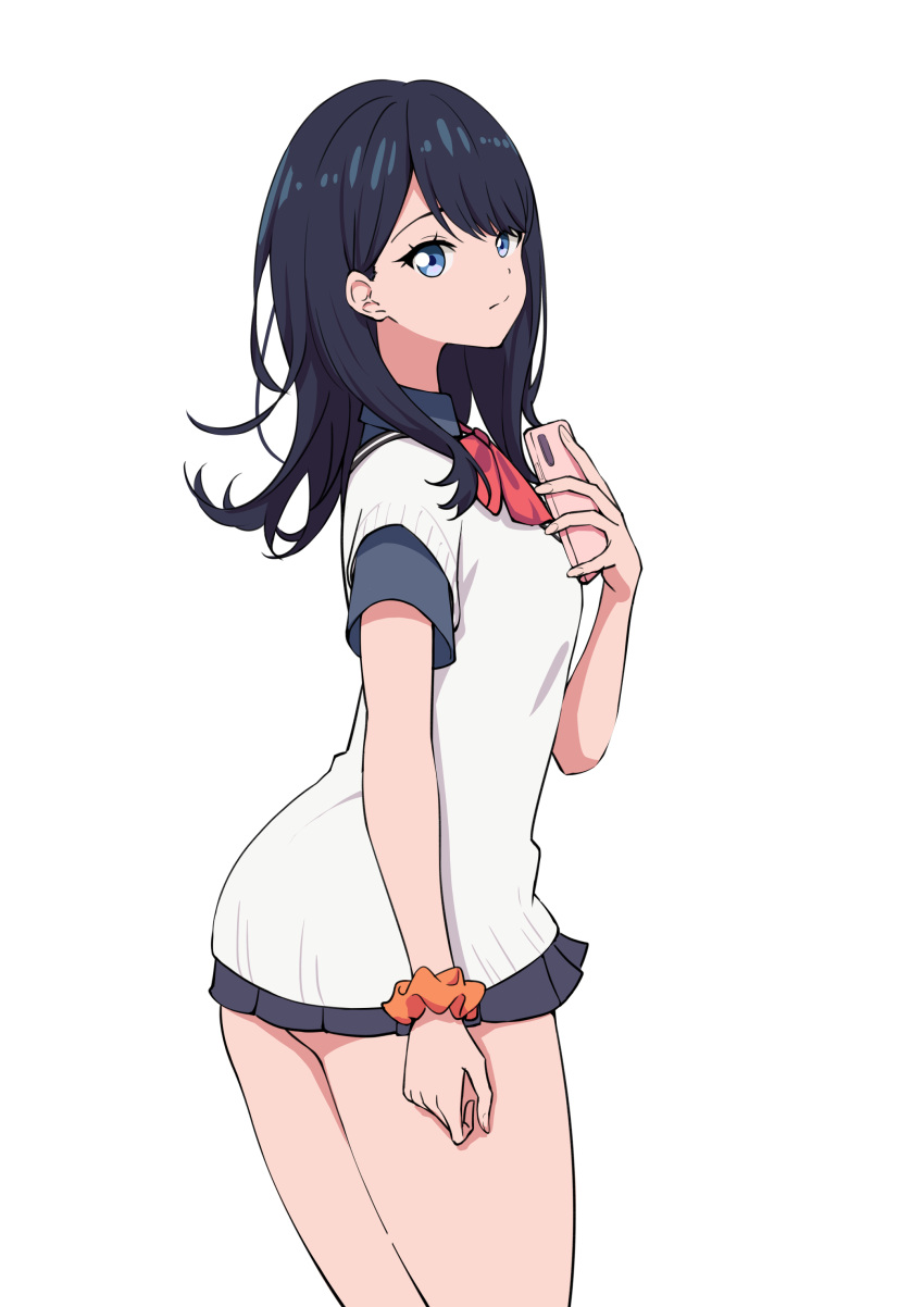 1girl absurdres ass black_hair black_skirt blue_eyes bow bowtie breasts cellphone defaultkavy gridman_universe gridman_universe_(film) highres holding holding_phone long_hair looking_at_viewer phone pleated_skirt red_bow school_uniform scrunchie shirt simple_background skirt smartphone solo takarada_rikka thighs wrist_scrunchie