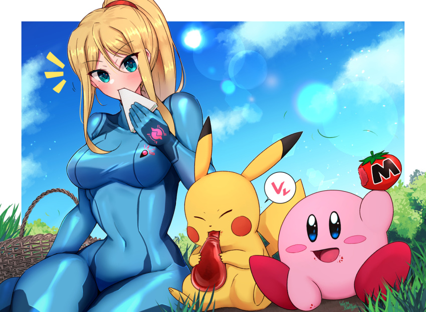 2022 alien blonde_hair bodysuit breasts clothed clothing crossover eating female food fruit fur generation_1_pokemon grass group hair human kirby kirby_(series) mammal maxim_tomato metroid nintendo pikachu plant pokemon pokemon_(species) samus_aran sandwich_(food) skinsuit tight_clothing tomato trio waddling_head wata-ridley yellow_body yellow_fur zero_suit