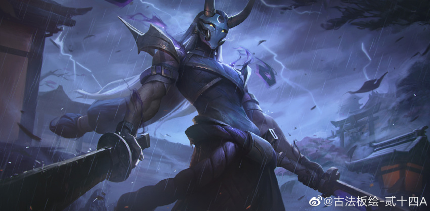 1boy 24ancient artist_name black_gloves black_hair building cloud cloudy_sky cowboy_shot demon_horns gloves highres holding holding_sword holding_weapon horns house inkshadow_yone leaf league_of_legends long_hair looking_at_viewer male_focus mask multicolored_hair muscular muscular_male night official_alternate_costume outdoors rain sky solo standing storm streaked_hair sword thunder tree weapon yellow_eyes yone_(league_of_legends)