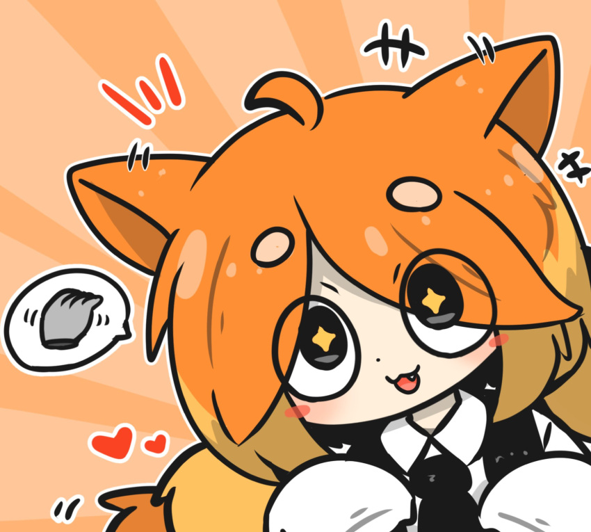 +++ +_+ 1girl animal_ears black_necktie collared_shirt commentary_request dog_ears dog_girl dog_tail ear_wiggle grey_eyes heart highres long_sleeves low_twintails motion_lines necktie notice_lines orange_hair original parted_bangs shirt short_eyebrows short_twintails sleeves_past_fingers sleeves_past_wrists solo sunburst sunburst_background tail thick_eyebrows twintails uni_souchou upper_body white_shirt