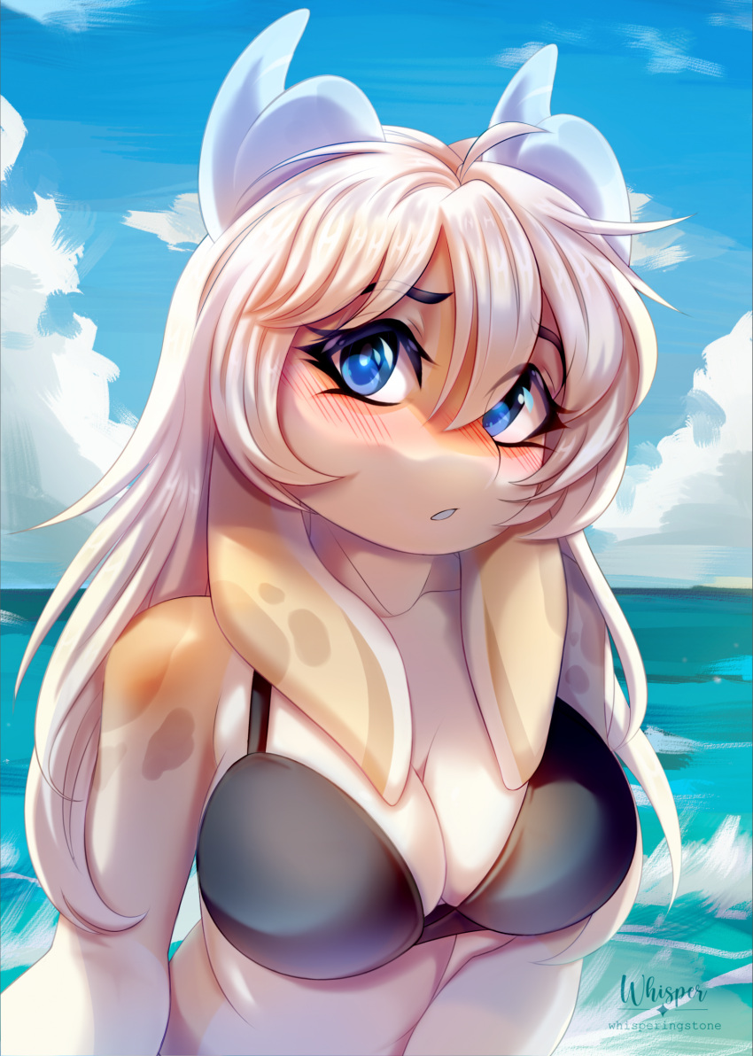 2023 anthro beach bikini bikini_top black_bikini black_clothing black_swimwear blonde_hair blue_eyes blue_horn blush breasts cetacean clothing dolphin dragon eyebrow_through_hair eyebrows eyelashes female glistening hair hi_res horn hybrid long_hair looking_at_viewer mammal marine nami_(teranen) oceanic_dolphin orca outside portrait seaside solo swimwear tan_body toothed_whale translucent translucent_hair whisperingstone