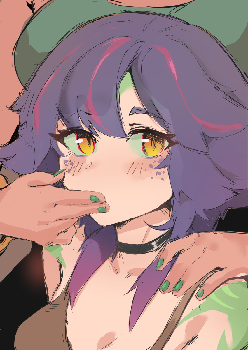 2girls absurdres black_choker blush breasts cafin choker cleavage colored_skin finger_in_another's_mouth green_nails green_skin highres large_breasts league_of_legends multiple_girls nail_polish neeko_(league_of_legends) orange_eyes pink_hair purple_hair qiyana_(league_of_legends) solo_focus upper_body