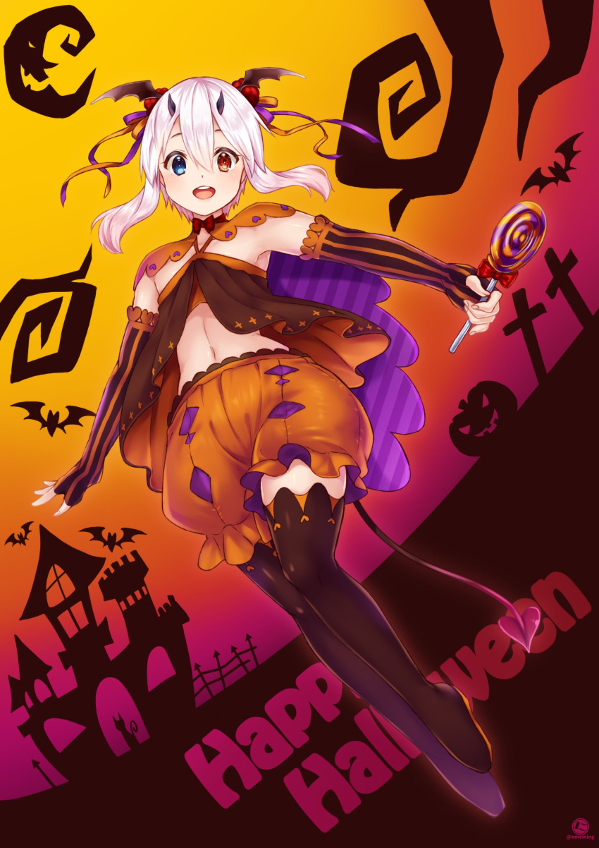 1girl absurdres artist_logo babydoll bat_(animal) bat_wings black_gloves black_horns black_shirt black_thighhighs blue_eyes candy cape commentary crescent_moon demon_tail english_text fingerless_gloves food gloves gradient_sky halloween halterneck happy_halloween head_wings heterochromia highres holding holding_candy holding_food holding_lollipop horns jack-o'-lantern lollipop looking_at_viewer midriff moon navel nyanmaru_(ememing) oni_horns open_mouth orange_gloves orange_shirt orange_shorts orange_sky original puffy_shorts purple_cape purple_sky red_eyes shirt shorts sky smile solo standing striped striped_gloves symbol-only_commentary tail text_background thighhighs twintails twitter_username two-sided_shirt vertical-striped_gloves vertical_stripes white_horns wings