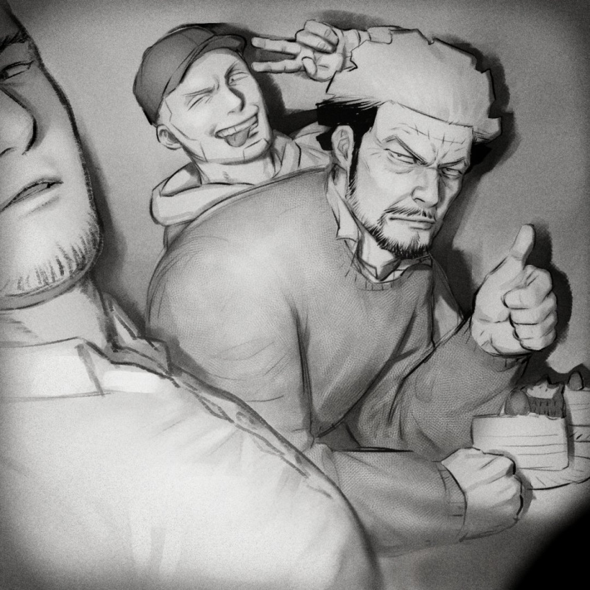 3boys :p baseball_cap beard_stubble birthday cake facial_hair food from_side frown goatee golden_kamuy greyscale hat large_pectorals looking_at_viewer male_focus mature_male monochrome multicolored_hair multiple_boys mustache nihei_tetsuzou old old_man pectorals sanpaku selfie shiraishi_yoshitake short_hair smile sweater tanigaki_genjirou thick_eyebrows thumbs_up tongue tongue_out two-tone_hair upper_body v v-shaped_eyebrows zoku_bu