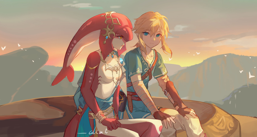 1boy 1girl absurdres blonde_hair blue_tunic colored_skin earrings fins fish_girl hairband head_fins headpiece highres jewelry link looking_at_another mipha molianmengdada neck_ring ponytail red_skin short_hair sidelocks smile the_legend_of_zelda the_legend_of_zelda:_breath_of_the_wild yellow_eyes zora