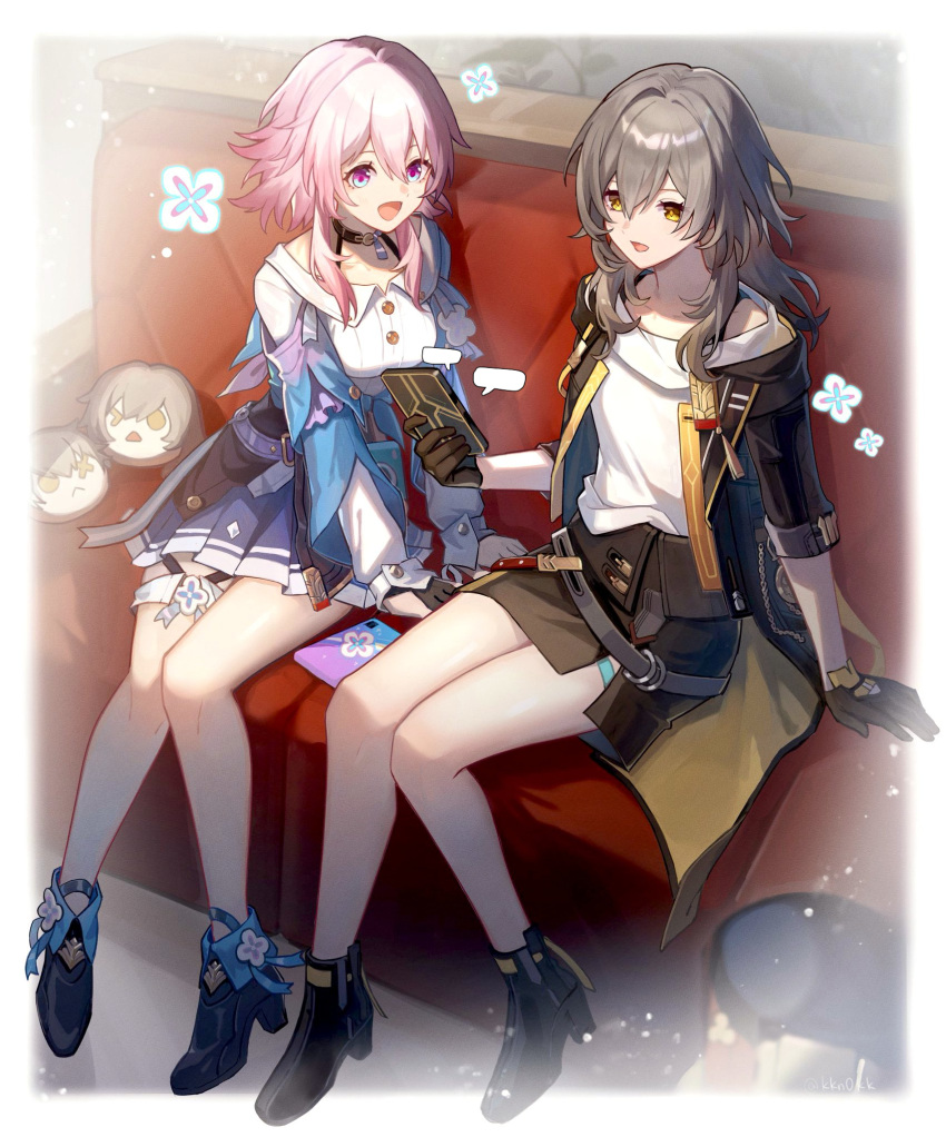 2girls black_choker black_corset black_footwear black_gloves black_jacket black_skirt blue_jacket choker corset couch dress female_trailblazer_(honkai:_star_rail) gloves gradient_eyes grey_hair hair_between_eyes highres holding honkai:_star_rail honkai_(series) jacket kino_(m6t2a) long_hair long_sleeves march_7th_(honkai:_star_rail) medium_hair multicolored_clothes multicolored_dress multicolored_eyes multiple_girls on_couch open_mouth partially_fingerless_gloves pink_eyes pink_hair shirt sidelocks skirt sleeve_rolled_up smile thighs trailblazer_(honkai:_star_rail) underbust white_shirt yellow_eyes