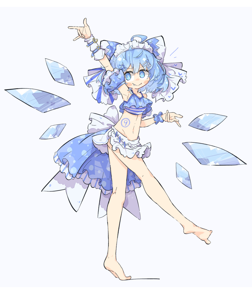 1girl ahoge back_bow bare_legs bikini blue_bikini blue_bow blue_eyes blue_hair bow cirno closed_mouth commentary full_body hair_bow hair_ornament hairclip highres ice ice_wings internet_survivor looking_to_the_side primsla simple_background smile solo standing standing_on_one_leg striped striped_bikini swimsuit touhou white_background white_bow wings