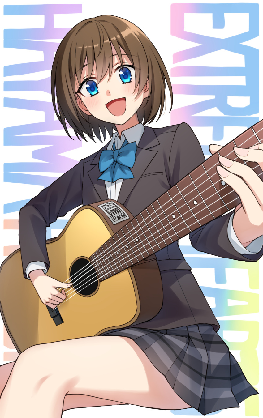 1girl :d black_jacket blazer blue_bow blue_eyes blush bob_cut bow brown_hair character_name collared_shirt copyright_name dress_shirt extreme_hearts feet_out_of_frame fingernails guitar hair_between_eyes hayama_hiyori highres holding holding_instrument instrument jacket long_sleeves looking_at_viewer music open_mouth plaid plaid_skirt playing_instrument pleated_skirt school_uniform shirt short_hair sitting skirt smile solo somechime_(sometime1209) text_background white_shirt