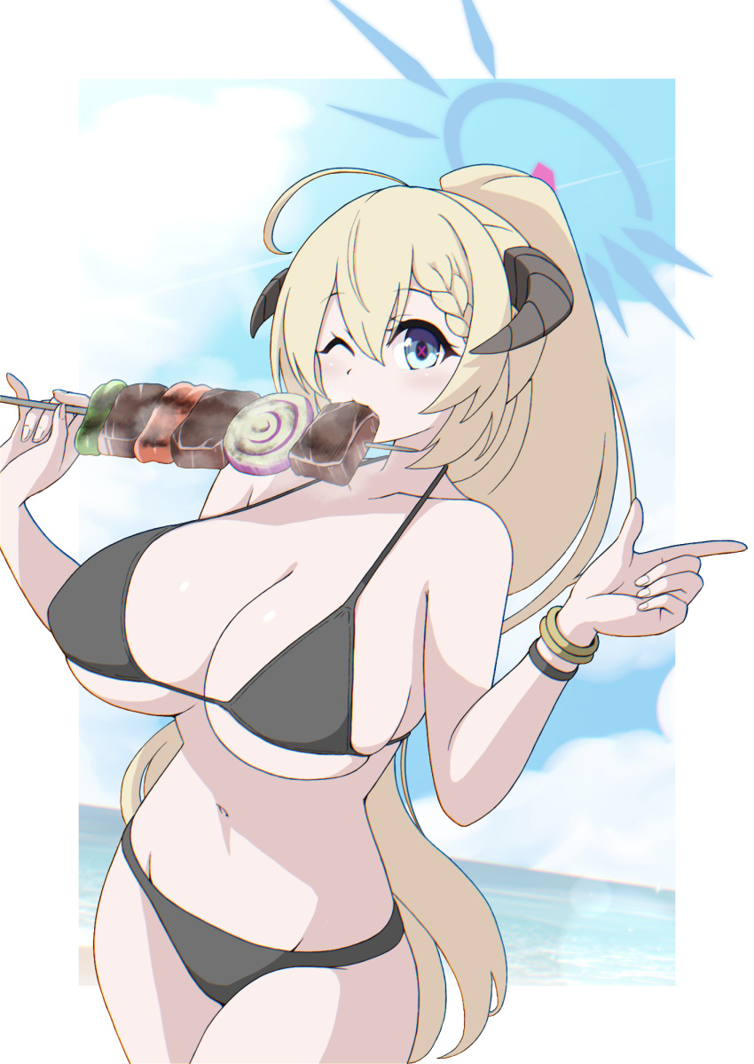 1girl akari_(blue_archive) bikini black_bikini blonde_hair blue_archive bracelet breasts cleavage cloud contrail day eating food highres holding holding_food holding_skewer horns huge_breasts jewelry long_hair looking_at_viewer one_eye_closed outdoors ponytail skewer sky solo suke_(share_koube) swimsuit very_long_hair