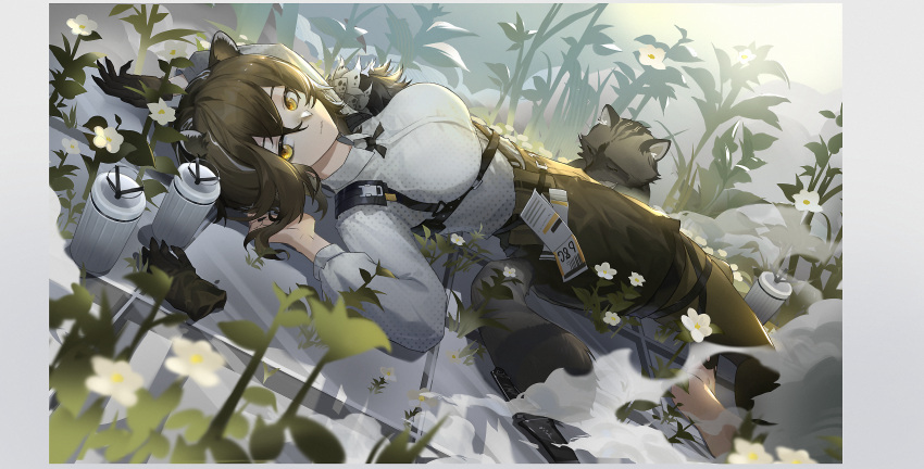1girl absurdres animal_ear_fluff animal_ears arknights barefoot belt black_belt black_gloves black_ribbon black_skirt brown_hair buckle closed_mouth collared_shirt flower foot_out_of_frame gloves gloves_removed green_pantyhose hair_between_eyes highres long_sleeves looking_at_viewer lying medium_hair neck_ribbon on_back pantyhose plant raccoon raccoon_ears raccoon_tail ribbon robin_(arknights) shirt skirt sleeve_cuffs solo tail tiant white_flower white_shirt yellow_eyes