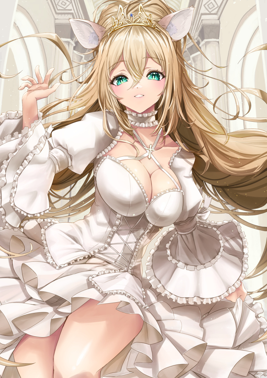 1girl animal_ears avatar_(pso2) ayamo_kaoru blonde_hair bodice breasts cleavage collar collarbone criss-cross_halter cross detached_collar dress frilled_collar frilled_dress frills green_eyes hair_between_eyes halterneck hand_up highres large_breasts phantasy_star phantasy_star_online_2 puffy_sleeves ribbon solo thighs tiara white_collar white_dress white_ribbon