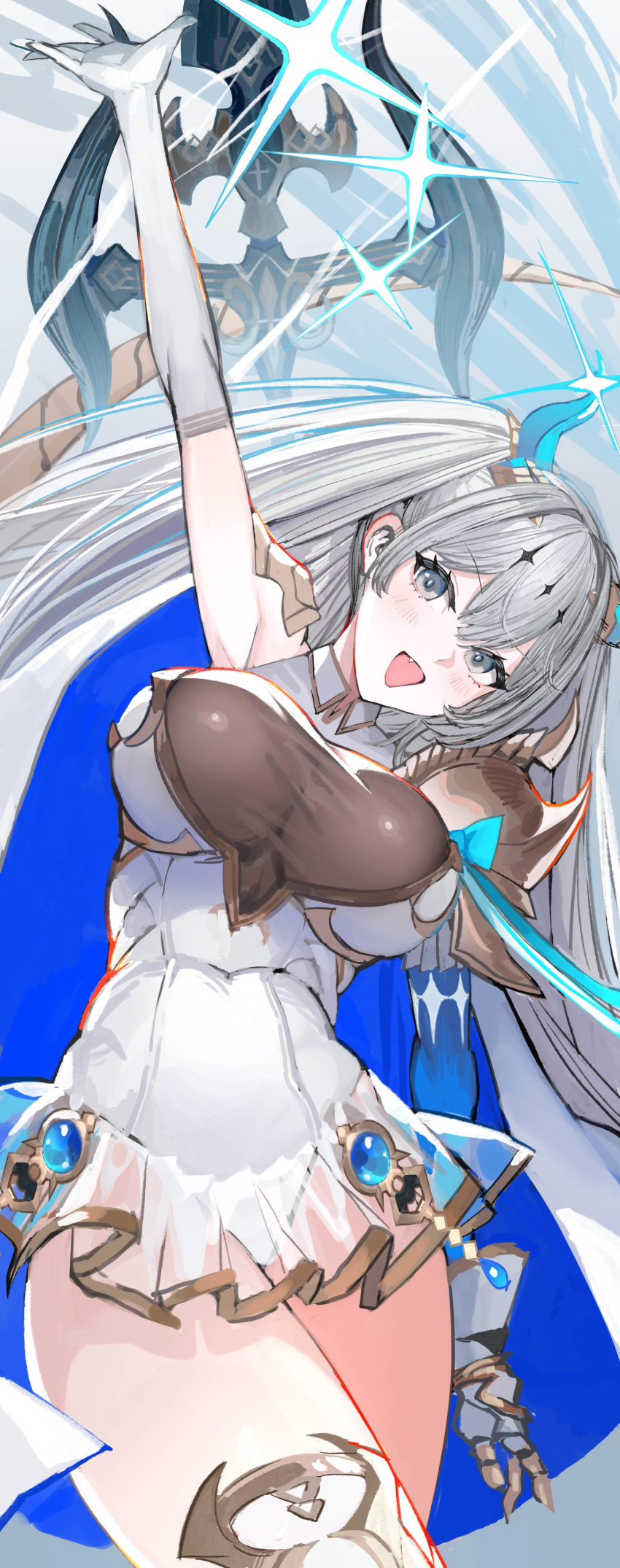 1girl absurdres arm_up armor armpits azur_lane blue_horns breasts covered_navel cowboy_shot elbow_gloves fang framed_breasts gauntlets gloves grey_eyes highres horns kaki_z3 large_breasts leotard long_hair looking_at_viewer miniskirt open_mouth pauldrons polearm see-through see-through_skirt shoulder_armor single_gauntlet single_pauldron skirt solo sparkle spear suffren_(azur_lane) taut_clothes two_side_up weapon white_gloves white_hair white_leotard