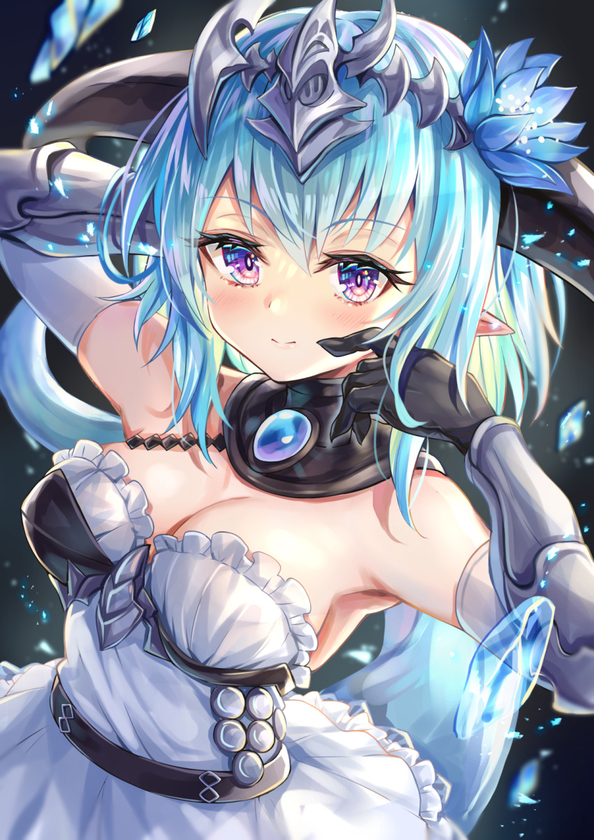 1girl akami770 aqua_hair armpits black_gloves blue_flower blush breasts cheek_poking chest_guard cleavage detached_collar dragon_girl dragon_horns dragon_tail dress flower flower_ornament frilled_dress frills from_above gauntlets gem gloves hair_flower hair_ornament headpiece highres horns jewelry large_breasts looking_at_viewer pointy_ears poking purple_eyes shadowverse short_dress short_hair smile solo tail upper_body white_dress whitefrost_dragonewt_filene