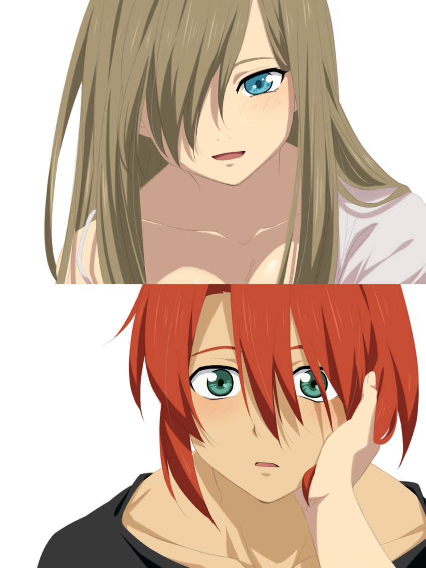 1boy 1girl black_shirt blue_eyes blush breasts brown_hair cleavage collarbone couple dress green_eyes hair_between_eyes hair_over_one_eye hand_on_another's_face highres large_breasts light_blush long_hair looking_at_another looking_at_viewer luke_fon_fabre nightgown official_alternate_hair_length official_alternate_hairstyle open_mouth parted_lips pochi-a pov pov_hands red_hair shirt short_hair sidelocks single_bare_shoulder spaghetti_strap tales_of_(series) tales_of_the_abyss tear_grants upper_body white_background white_dress