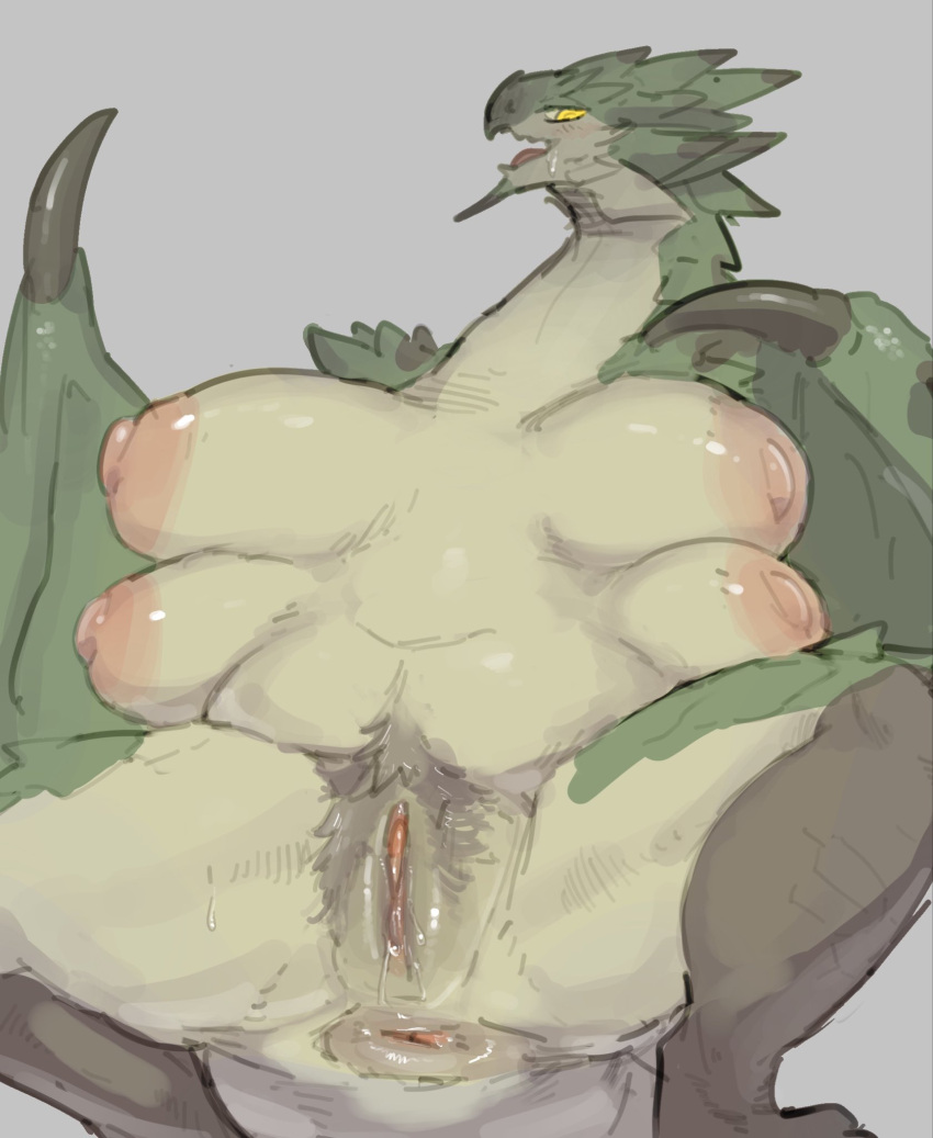 4_breasts anthro anus areola blush bodily_fluids breasts capcom claws dragon female flying_wyvern genital_fluids genitals hi_res monster_hunter multi_breast nipples nude pussy rath_wyvern rathian simple_background solo solterv wings wyvern