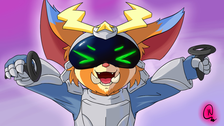 16:9 arcade_gnar blue_clothing clothed clothing fangs fur gnar_(lol) happy kakau221 league_of_legends legends_of_runeterra male orange_body orange_fur riot_games solo teeth vr_controller vr_headset widescreen yordle