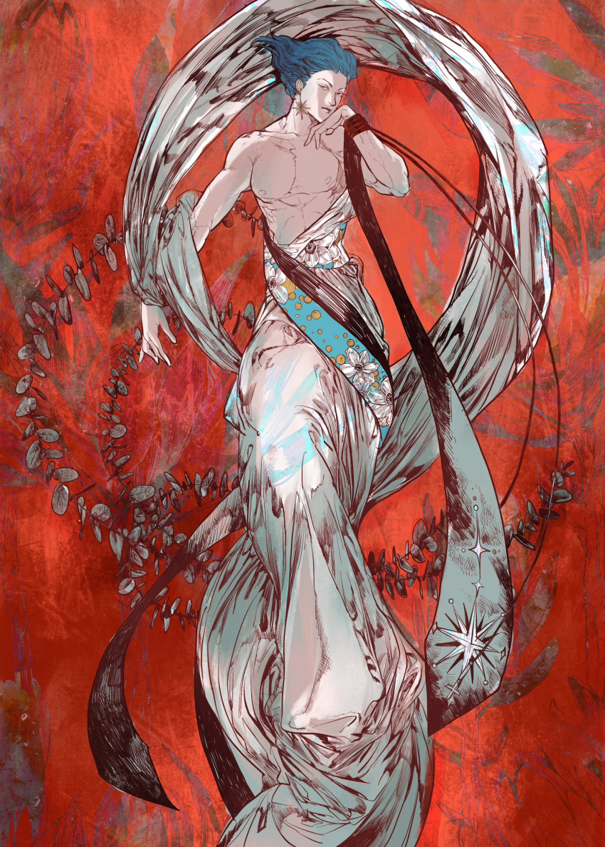 abs almostghost armband blue_hair dress earrings floral_print hair_slicked_back hand_on_own_face highres hisoka_morow hunter_x_hunter jewelry long_dress looking_at_viewer nude red_armband red_background robe star_(symbol) star_earrings white_robe