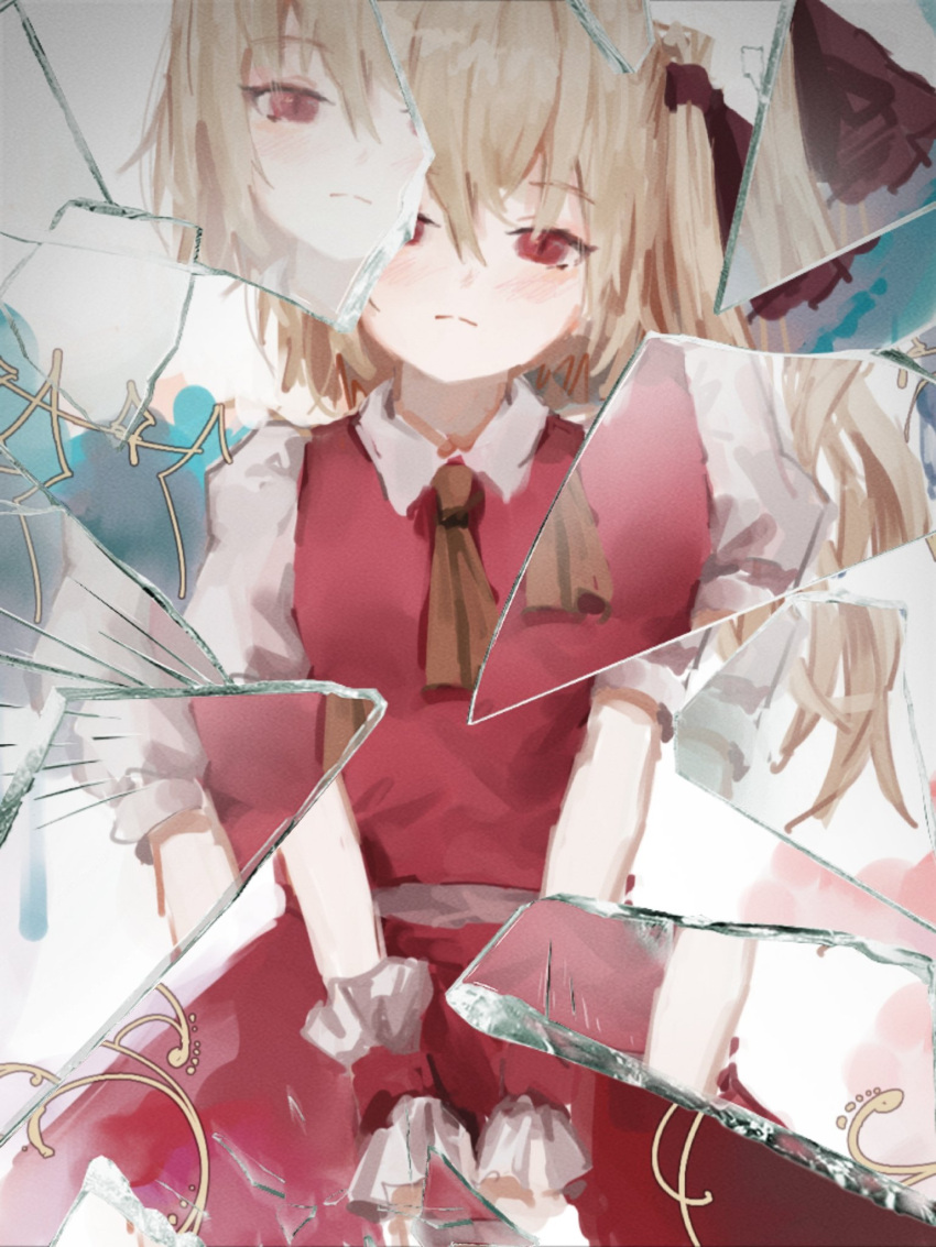 1girl app_filter ascot broken_glass closed_mouth commentary english_commentary flandre_scarlet glass hair_ribbon highres looking_at_viewer red_eyes red_ribbon red_skirt red_vest reddizen ribbon shirt short_sleeves skirt solo touhou vest white_shirt wrist_cuffs yellow_ascot