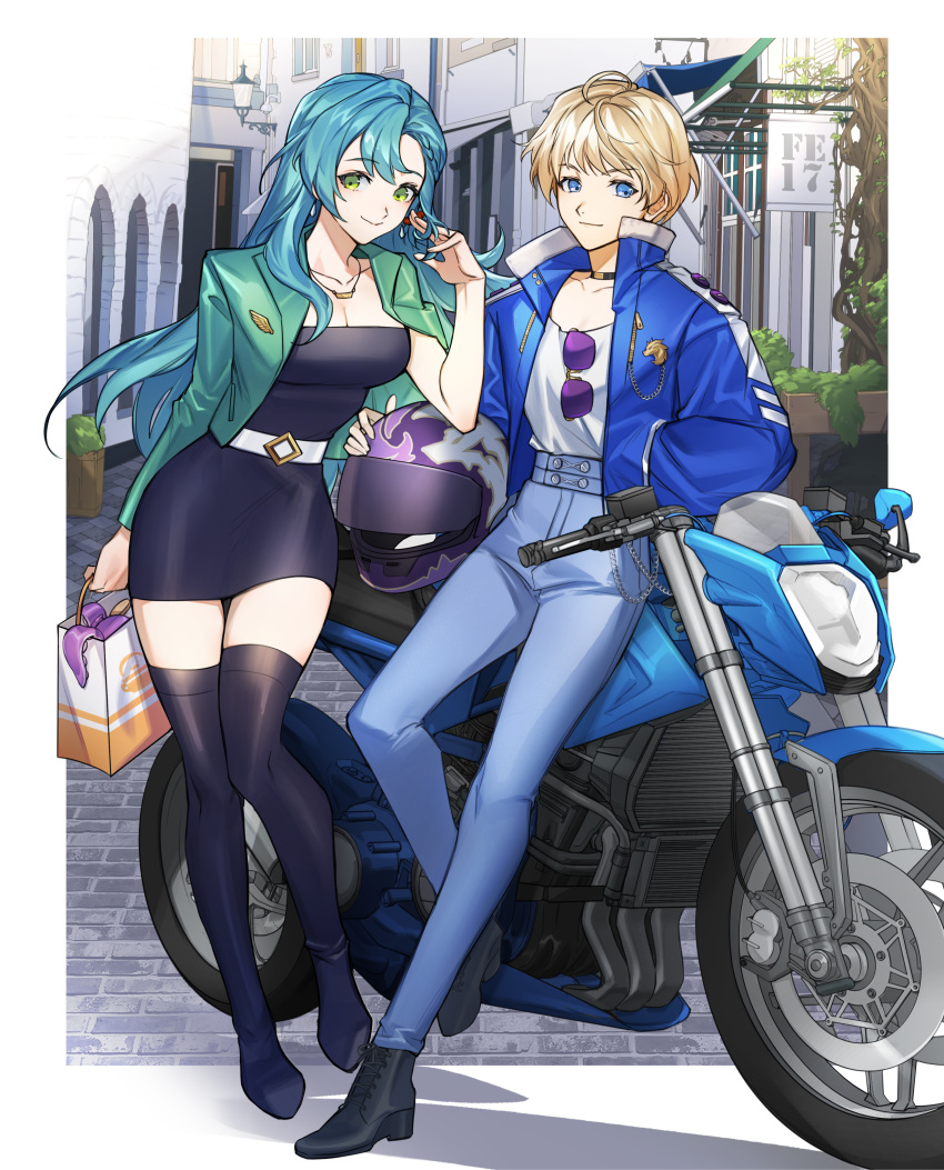 2girls absurdres ahoge alternate_costume aqua_hair bag black_choker black_dress black_footwear blonde_hair blue_eyes blue_jacket blue_pants boots breasts chloe_(fire_emblem) choker cleavage commentary contemporary dress fire_emblem gloves green_eyes green_jacket hand_up helmet high_collar highres holding holding_bag holding_helmet jacket long_hair looking_at_viewer medium_breasts merrin_(fire_emblem) motor_vehicle motorcycle motorcycle_helmet multiple_girls open_clothes open_jacket outdoors pants shirt shoes shopping_bag short_dress short_hair silvercandy_gum smile standing strapless strapless_dress thigh_boots tube_dress very_long_hair white_gloves white_shirt zettai_ryouiki