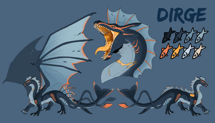 absurd_res ambiguous_gender black_sclera blue_background blue_body blue_eyes blue_wings dirge_(dest) dragon feral gills hi_res imperatorcaesar leg_frill membrane_(anatomy) membranous_wings model_sheet open_mouth orange_tongue sharp_teeth side_view simple_background solo teeth tongue tongue_out wing_claws wings