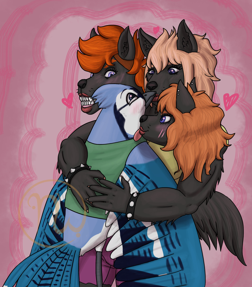 &lt;3 2019 3_heads 5_fingers absurd_res accessory anthro arm_fluff avian bangs beak bird black_body black_fur blue_body blue_eyes blue_jay blush bojan_darkbeak bottomwear bracelet canid canine canis cerbelle_trimaktikos cheek_lick clawed_fingers claws clothing corvid domestic_dog duo ear_piercing ear_scar embrace eyebrows face_lick facial_markings fangs feather_hair feathered_wings feathers female feral fingers fluffy fluffy_tail fur hair half-closed_eyes head_markings hi_res hug interspecies jay_(bird) jewelry kiss_on_beak kissing larger_female licking lips male male/female mammal markings multi_head muscular muscular_anthro muscular_female narrowed_eyes new_world_jay orange_hair oscine pantsless passerine piercing pink_background pseudo_hair purple_bottomwear purple_clothing purple_shorts romantic romantic_couple scar shirt shorts simple_background size_difference skywater smaller_male smile tail tail_feathers teeth thick_eyebrows tongue tongue_out toothy_grin topwear wavy_hair whiskers wings