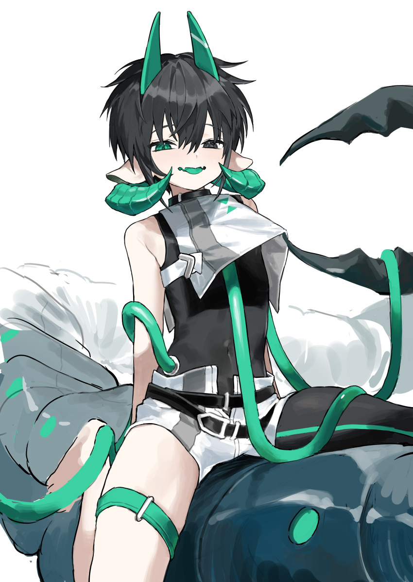1boy absurdres animal_ears asymmetrical_legwear bare_shoulders belt black_eyes black_hair colored_tongue covered_navel fangs green_eyes green_horns green_tongue hair_between_eyes heterochromia highres horns looking_at_viewer male_focus monster monster_boy open_clothes open_fly open_mouth open_shorts original pincers seeshin_see shirt short_hair shorts solo straddling white_background white_shirt
