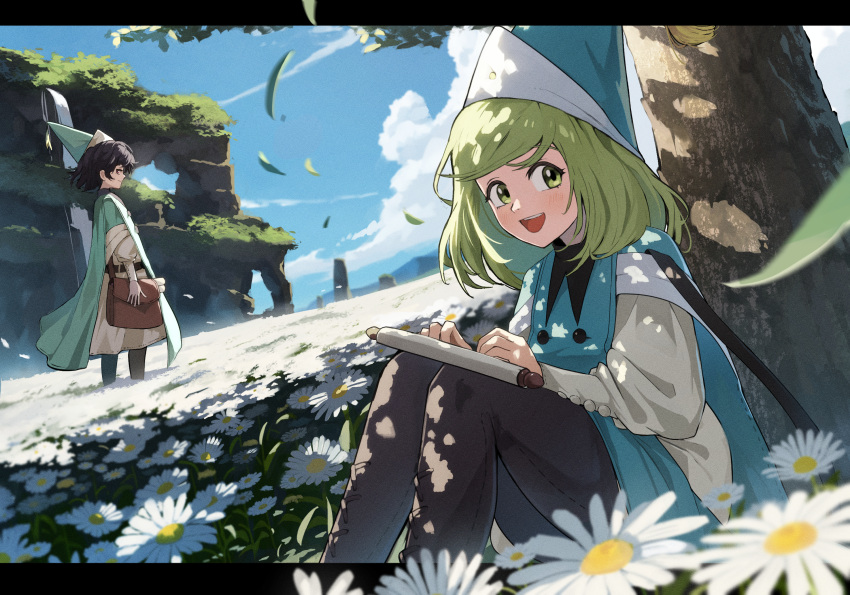 2girls :d agate_(tongari_boushi_no_atelier) bag black_hair black_pants blue_headwear blue_sky brown_bag chamomile cloud coco_(tongari_boushi_no_atelier) daisy day dress field flower flower_field full_body green_eyes green_hair hat highres knees_up leaf long_sleeves looking_at_viewer multiple_girls no_842 open_mouth outdoors pants qifrey's_atelier_apprentice_uniform scroll short_hair shoulder_bag sitting sky smile standing tongari_boushi_no_atelier tree white_dress white_flower wizard_hat