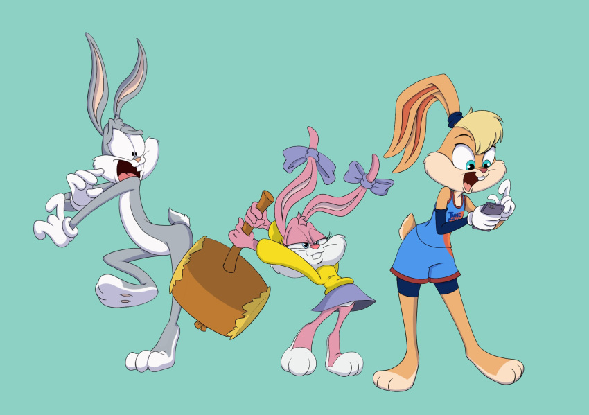 anthro babs_bunny barefoot blonde_hair bugs_bunny cellphone clothing feet female gloves group hair hammer handwear hi_res holding_cellphone holding_object holding_phone lagomorph lola_bunny looney_tunes male mammal narrowed_eyes open_mouth phone scottforester17 simple_background tiny_toon_adventures tools trio warner_brothers wide_eyed