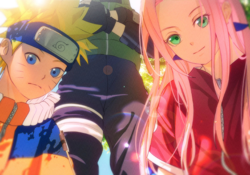 1girl 2boys black_gloves blonde_hair blue_eyes chinese_commentary commentary_request facial_mark forehead_protector frown gloves green_eyes green_vest haruno_sakura hatake_kakashi headband jacket konohagakure_symbol lens_flare multiple_boys naruto naruto_(series) niku_(ni23ku) orange_jacket pink_hair pov smile uzumaki_naruto vest whisker_markings