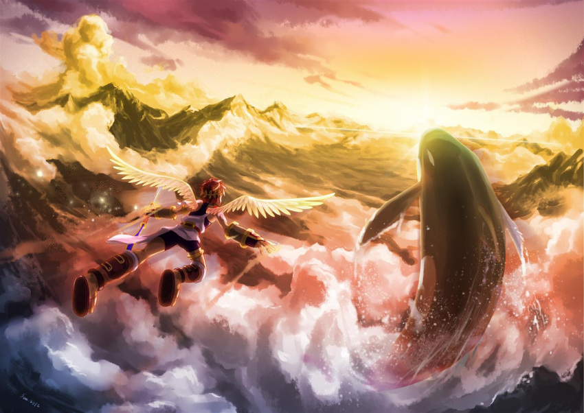 1boy angel angel_wings armlet bow_(weapon) brown_hair cloud dated flying from_behind kid_icarus kid_icarus_uprising laurel_crown mountain orca pit_(kid_icarus) pxl_(pxltw) scenery signature sparkle sun weapon wings