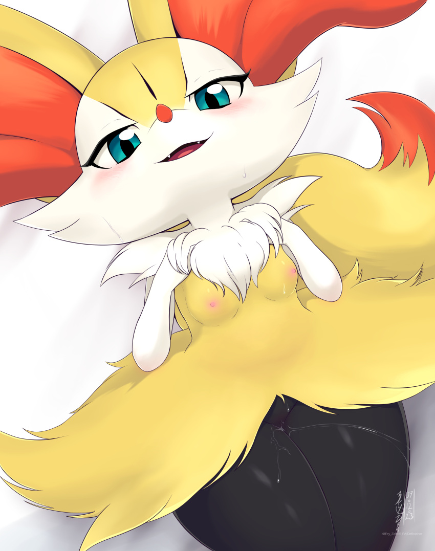 absurd_res alternate_version_at_source anthro aroused barely_visible_genitalia barely_visible_pussy bed bedroom_eyes blush bodily_fluids braixen breasts eryz eyelashes fangs female fur furniture generation_6_pokemon genital_fluids genitals hand_on_chest hi_res in_heat looking_at_viewer lying narrowed_eyes nintendo nipples on_back open_mouth pink_nipples pokemon pokemon_(species) pussy pussy_juice seductive small_breasts solo sweat tail teeth tuft