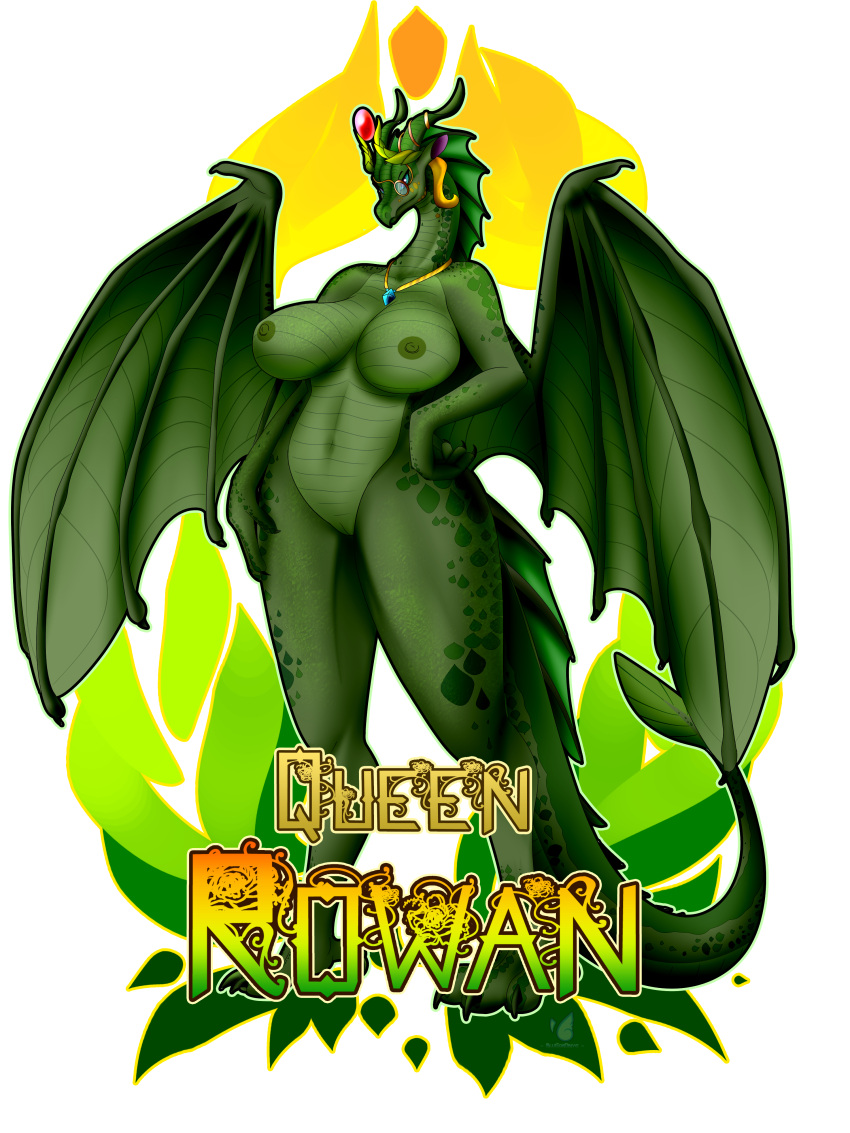absurd_res anthro big_breasts bludraconoid breasts crown_only dragon eyewear eyewear_only female genitals glasses glasses_only hand_on_hip hi_res huge_breasts jewelry leaf_wings leafwing_(wof) mostly_nude navel necklace nipples non-mammal_breasts non-mammal_nipples non-mammal_pussy nude pinup pose pussy queen queen_rowan royalty smile solo tasteful_nudity tribal tribal_jewelry tribal_necklace wings wings_of_fire