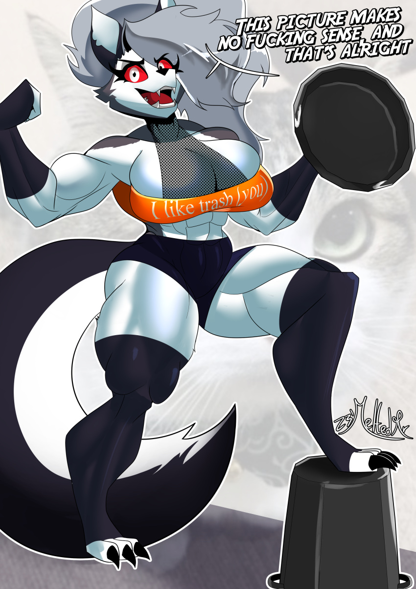 2023 3_toes absurd_res anthro black_pupils breasts canid canid_demon clothing demon english_text eyebrows feet female fingers fur grey_hair hair hellhound helluva_boss hi_res holding_object looking_at_viewer loona_(helluva_boss) mammal mrmelted muscular muscular_female notched_ear open_mouth profanity pupils red_sclera solo tail teeth text text_on_clothing text_on_topwear toes tongue topwear white_body white_eyes white_fur