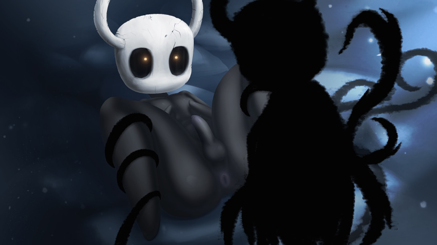 absurd_res animal_humanoid anthro anus arthropod arthropod_humanoid balls black_body cracked cracks genitals glowing glowing_eyes hi_res hollow_knight horn humanoid insect lazyisopod lying male male/male nude on_back protagonist_(hollow_knight) shade_(hollow_knight) shadow_creature spread_legs spreading team_cherry tentacles tentacles_around_legs