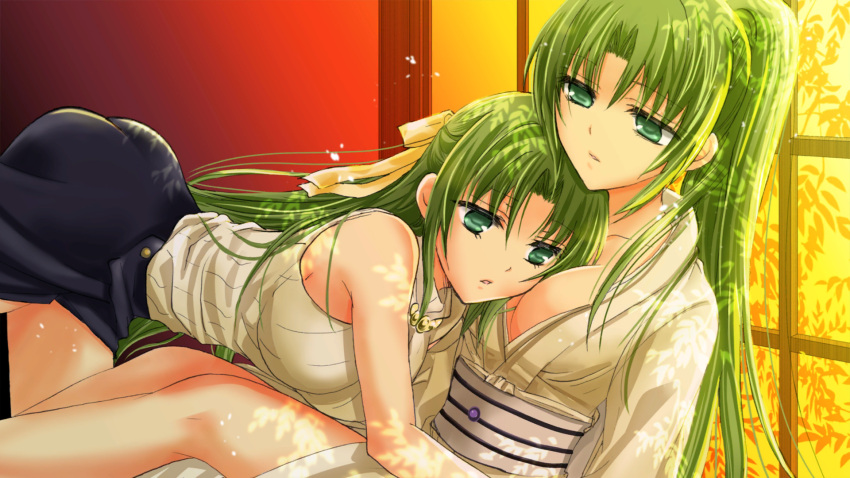 2girls ass bare_arms bare_shoulders between_breasts breasts cleavage collarbone face_to_breasts green_eyes green_hair hair_ribbon head_between_breasts head_on_chest highres higurashi_no_naku_koro_ni higurashi_no_naku_koro_ni_mei houjou_yutori incest indoors japanese_clothes kimono large_breasts long_hair looking_at_another multiple_girls obi official_art parted_lips pencil_skirt ponytail ribbon sash siblings sisters skirt sonozaki_mion sonozaki_shion sweater swept_bangs turtleneck turtleneck_sweater twincest twins white_kimono yellow_ribbon yuri