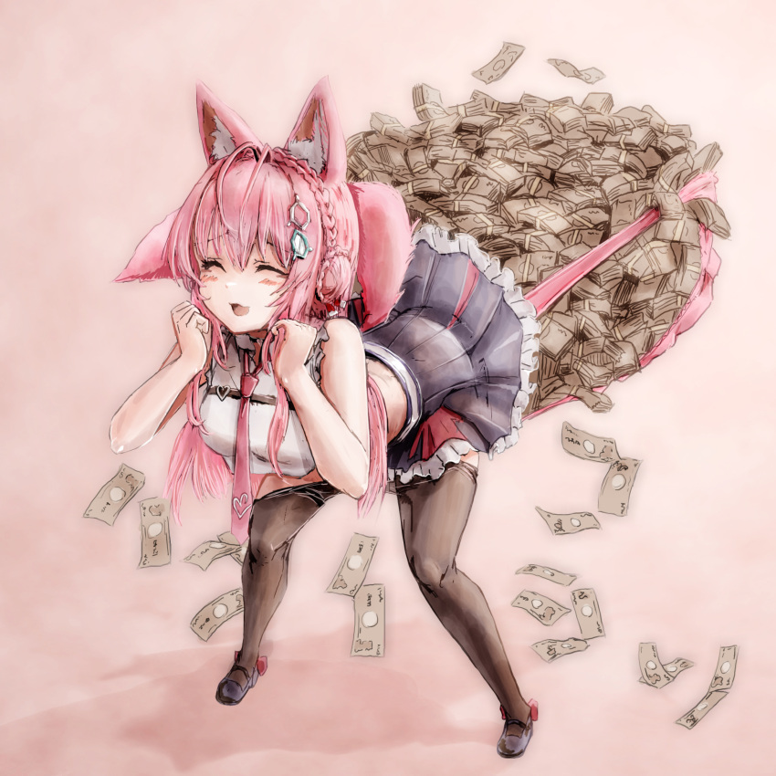 1girl animal_ear_fluff animal_ears banknote bent_over black_footwear black_pantyhose black_skirt braid breasts closed_eyes clothes_pull hakui_koyori hakui_koyori_(1st_costume) highres hololive legs_apart long_hair midriff money necktie nymph_rhythm object_in_clothes object_in_panties open_mouth panties panty_pull pantyhose pantyhose_pull pink_hair pink_necktie pink_panties pleated_skirt shirt shoes skirt sleeveless sleeveless_shirt smile solo standing tail tucked_money underwear virtual_youtuber white_shirt wolf_ears wolf_girl wolf_tail yen