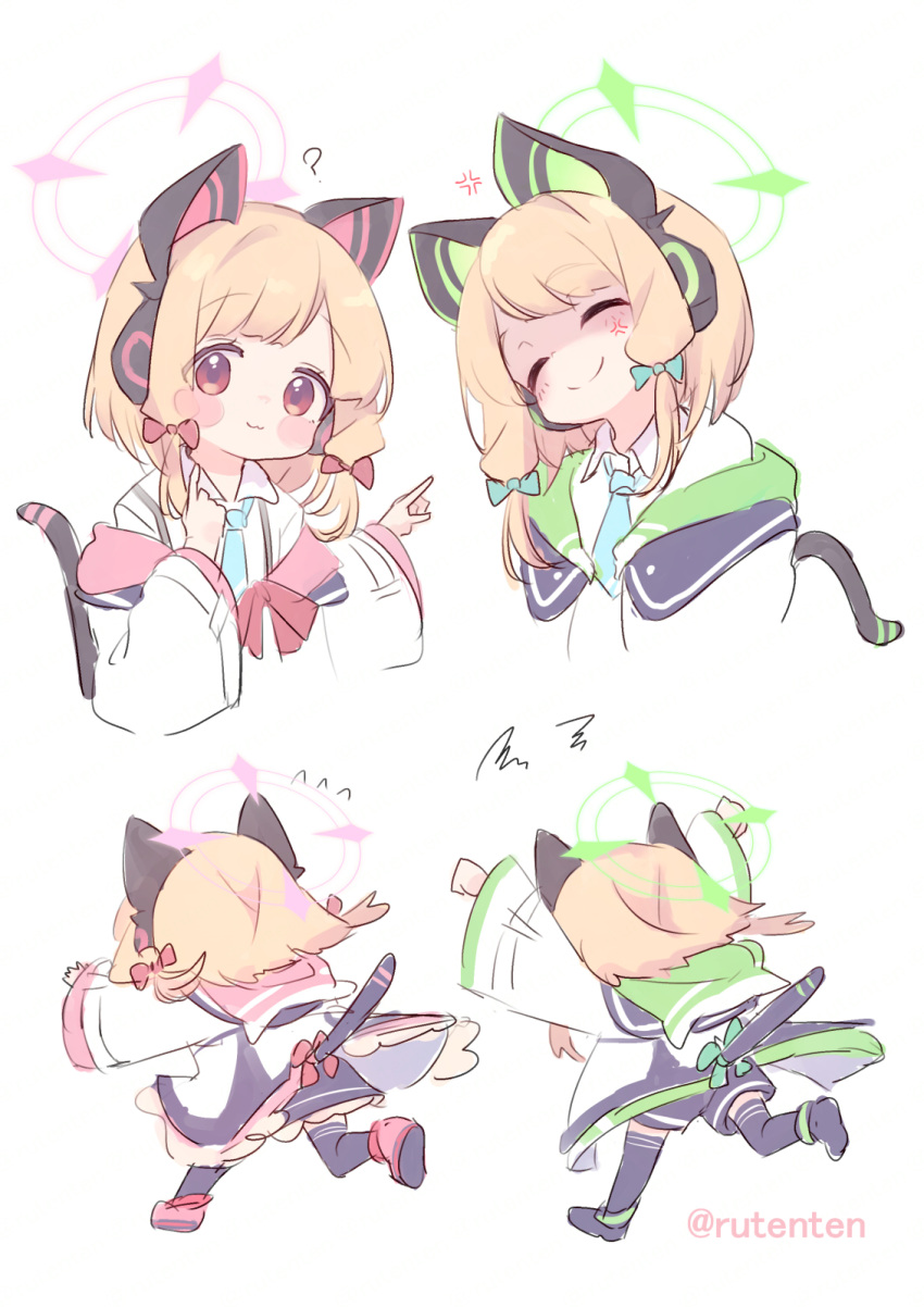 2girls anger_vein animal_ear_headphones animal_ears aqua_necktie black_thighhighs blonde_hair blue_archive blush bow cat_tail closed_mouth collared_shirt fake_animal_ears false_smile flying_sweatdrops green_bow green_halo hair_bow halo headphones highres jacket long_sleeves midori_(blue_archive) momoi_(blue_archive) multiple_girls necktie open_clothes open_jacket pink_halo red_bow red_hair ruten_(onakasukusuku) shaded_face shirt short_hair siblings simple_background sisters smile tail thighhighs twintails twitter_username white_background white_jacket white_shirt