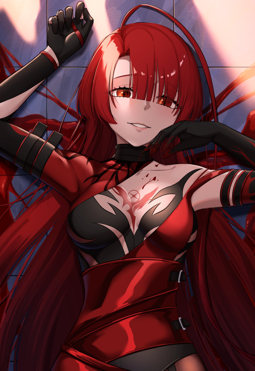 1girl absurdres black_gloves bloody_queen_(elsword) blunt_bangs bodysuit breasts cleavage collarbone elbow_gloves elesis_(elsword) elsword from_above gloves grin highres long_hair looking_at_viewer lying medium_breasts nero-kun on_back red_bodysuit red_eyes red_hair smile solo upper_body very_long_hair