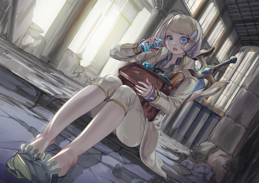 1girl absurdres axe bag blue_shirt bottle collared_jacket collared_shirt day dutch_angle grey_jacket grey_pants highres holding holding_bag holding_bottle indoors jacket legs_together looking_at_viewer monocle nik_ibi open_clothes open_jacket original pants shirt short_hair slippers solo weapon weapon_on_back