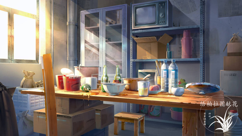 artist_logo bottle bowl box cardboard_box chopsticks cooking_pot food highres indoors industrial_pipe instant_ramen kettle no_humans original scenery shelf spill stool table television water_bottle window wooden_table xingzhi_lv