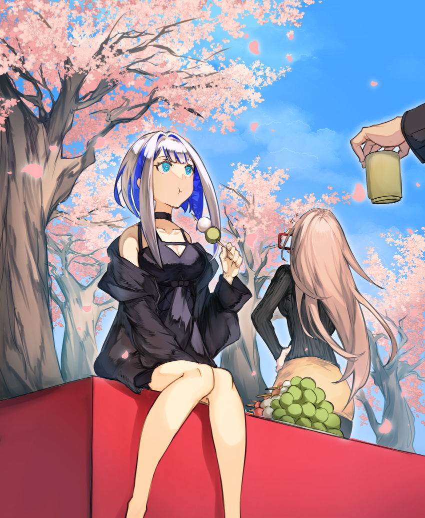 1boy 2girls absurdres alternate_costume aslaug_(fate) bare_shoulders black_choker black_dress black_jacket black_sweater blue_eyes blue_hair blue_sky breasts casual cellphone cherry_blossoms choker cloud collarbone commentary_request cup dango dress eating fate:lost_einherjar fate_(series) floating_hair flower food grey_hair hand_on_own_hip highres holding holding_cup holding_food holding_phone jacket kashia long_hair medium_breasts multicolored_hair multiple_girls off-shoulder_jacket off_shoulder out_of_frame outdoors pencil_skirt petals phone pink_flower pink_hair pout ragnar_lodbrok_(fate) remina_eltfrom_yggdmillennia ribbed_sweater short_hair sitting skirt sky sweater tree two-tone_hair wagashi yellow_skirt