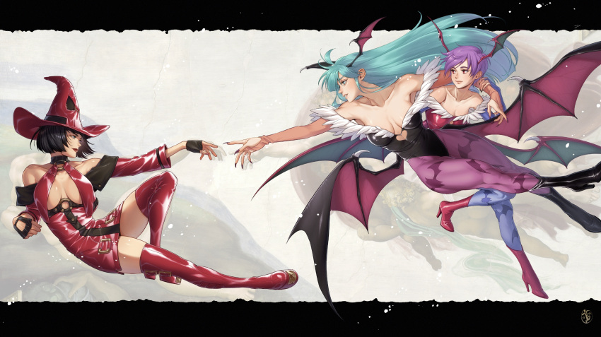 3girls animal_print aqua_hair bare_shoulders bat_print black_hair black_leotard blue_pantyhose boots breast_curtains breasts crossover demon_girl demon_wings dress fingerless_gloves fingernails gloves guilty_gear hat head_wings highres i-no irene_koh large_breasts latex latex_dress leotard lilith_aensland long_fingernails long_hair morrigan_aensland multiple_girls pantyhose purple_hair purple_pantyhose red_dress red_eyes red_footwear red_headwear red_lips short_dress short_hair small_breasts the_creation_of_adam thigh_boots vampire_(game) wings witch_hat